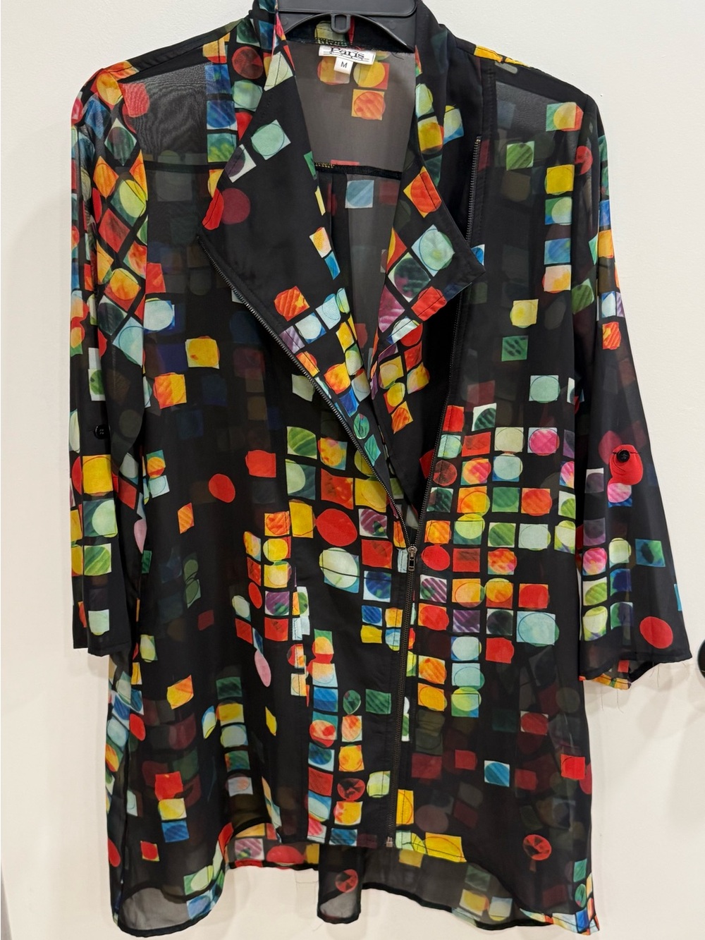 Aris Black Sheer Top with Multicolor Geometric Print